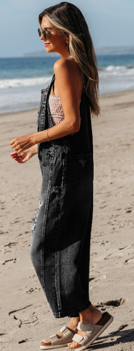 Black Distressed Bib Pocket Wide Leg Denim Overall