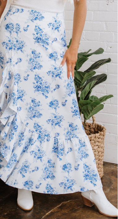 Sky Blue Boho Floral High Waist Ruffle Split Maxi Skirt
