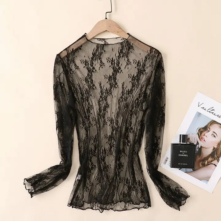 Semi Sheer Mesh Floral Lace Layering Top