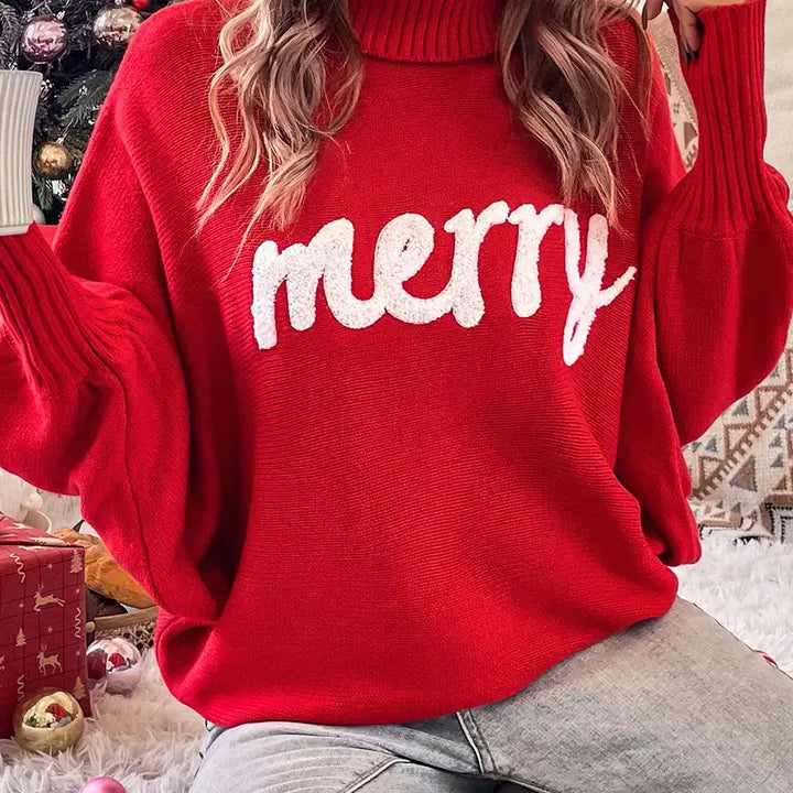 Merry Letter Embroidered High Neck Sweater