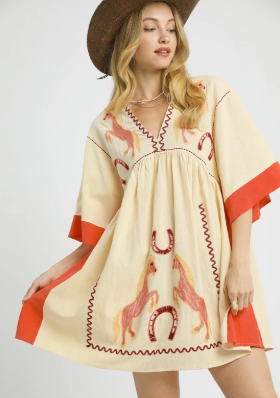 Western Horse Embroidered Babydoll Dress