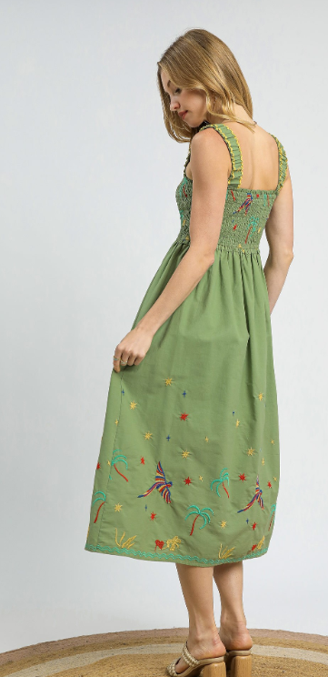 Embroidered Smocked Midi Sundress