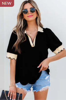 Black Color Contrast Collared V Neck Puff Sleeve Blouse
