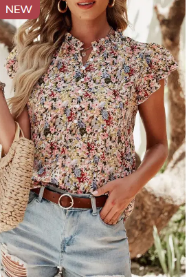 Red Boho Floral Frilled Button Neck Ruffle Short Sleeve Blouse