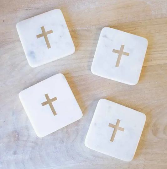 CROSS MARBLE COASTERS WHITE/BRASS - QTY 1 SINGLE