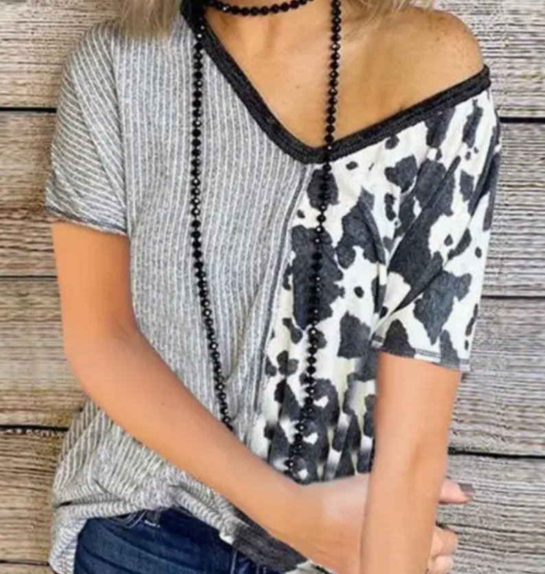 Cow Stripe V Neck Top