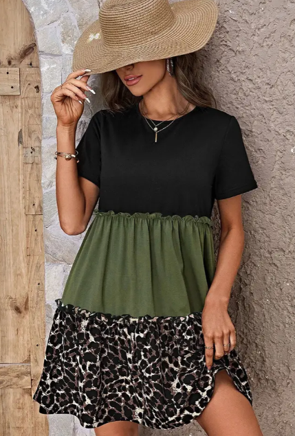 Leopard Colorblock Frilled T-Shirt Dress