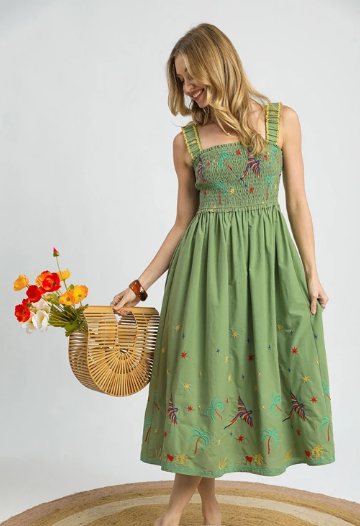 Embroidered Smocked Midi Sundress