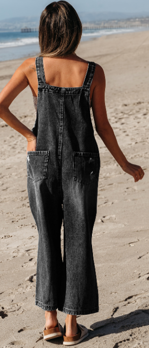 Black Distressed Bib Pocket Wide Leg Denim Overall
